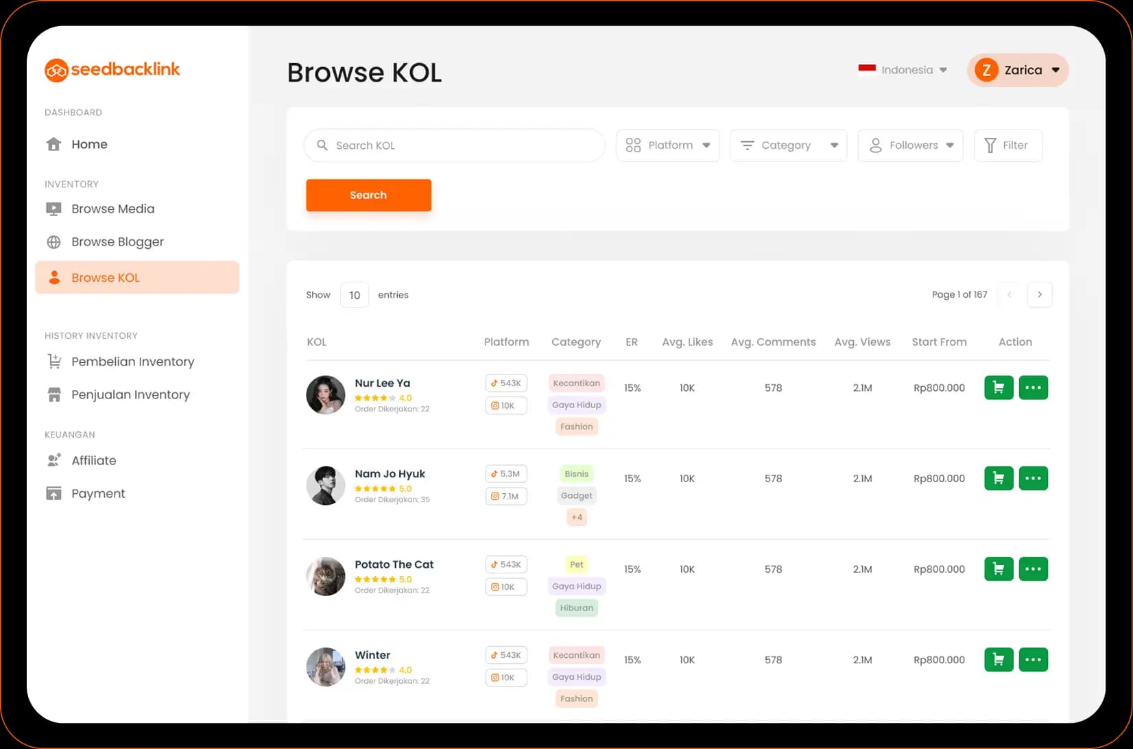 Browse KOL Pilihan Kamu