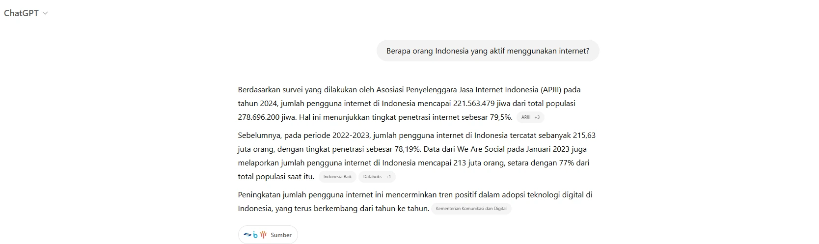 Hasil pencarian yang dilakukan di ChatGPT