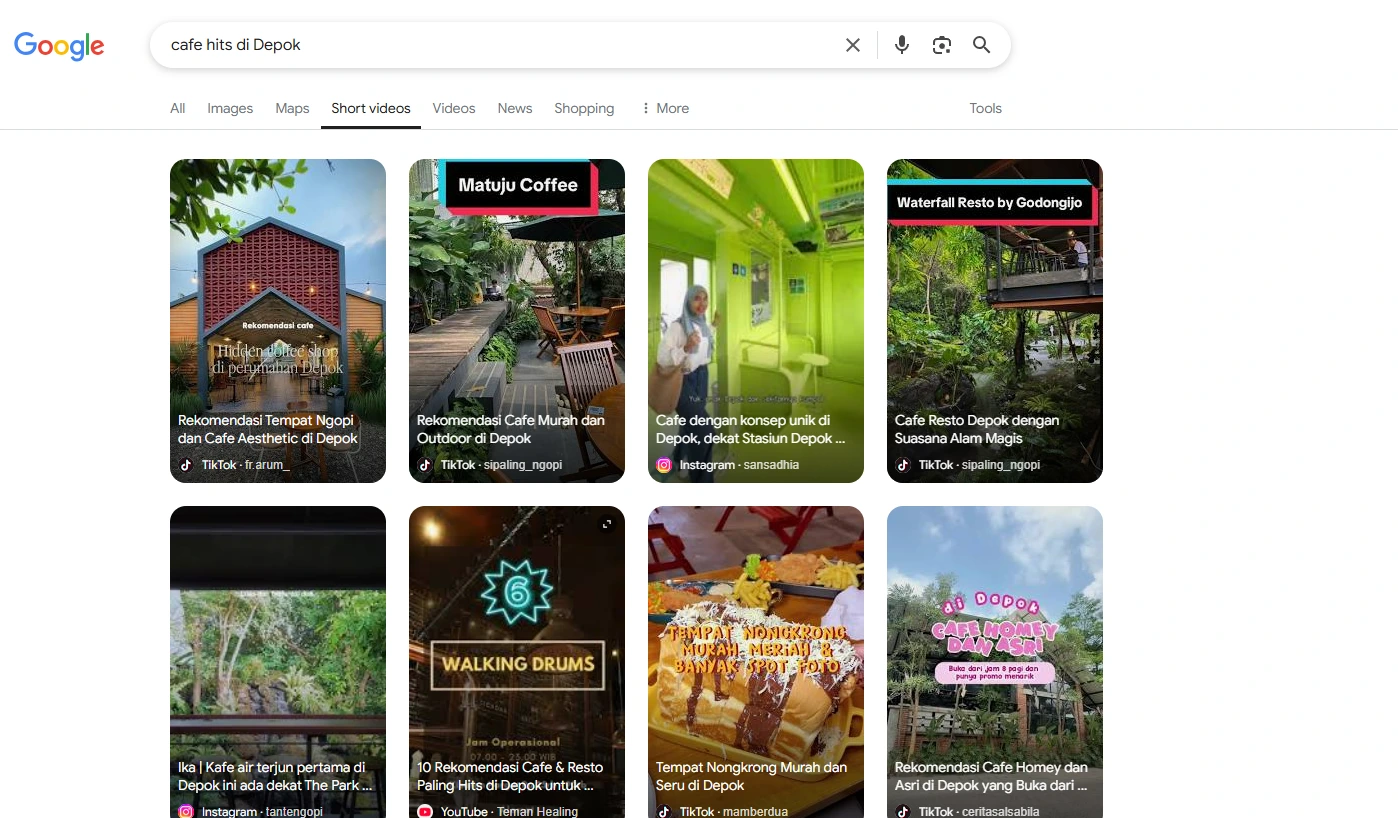 Hasil pencarian google dengan tab short videos